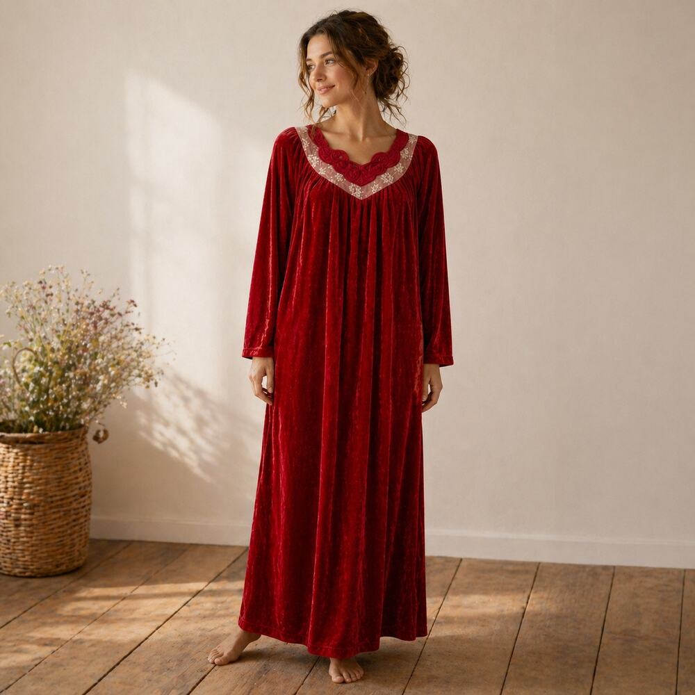 Vintage Red Velvet Nightgown Lace Trim Cottagecore Maxi M/L
